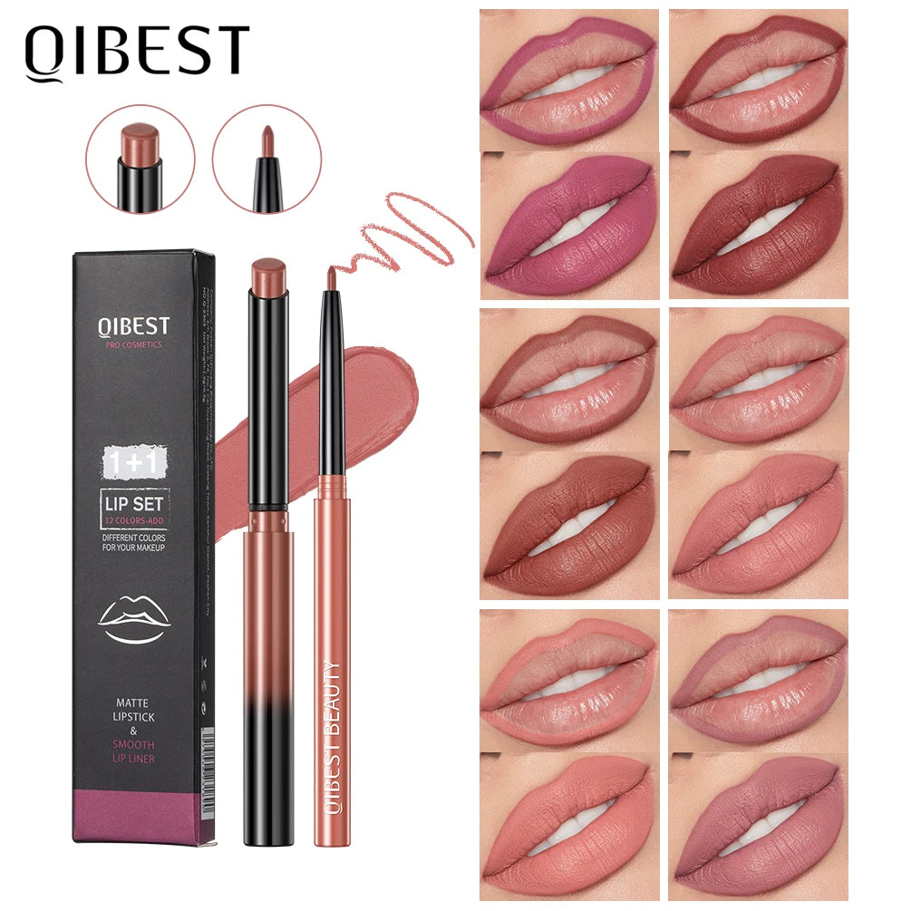 QIBEST 2pcs Lipstick Lipliner Pen Set Matte Cosmetics